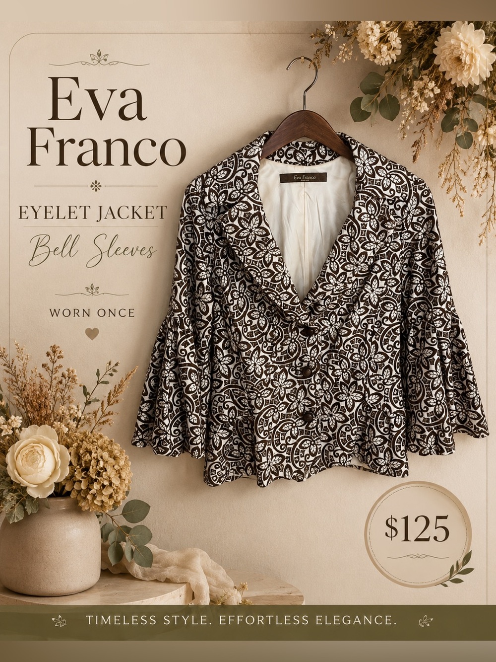 New gorgeous Eva Franco jacket with bell sleeves eyelet throughout worn once